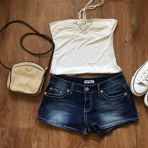 True Bliss Blue Jean Shorts w/ White Stitching Crystal Gem Rivets Stretch Fit